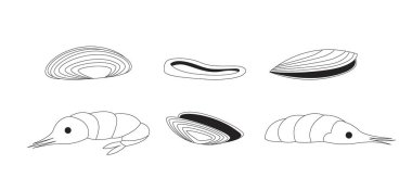 Çeşitli kabuklu deniz hayvanları ve karides 2D hat nesneleri. Midye, midye, karides, kalamar halkası. Deniz ürünleri bileşenleri izole edilmiş klitoris vektör mürekkebi ana hatları öğeleri. Tek renkli nokta illüstrasyonları koleksiyonu