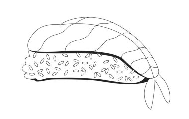 Karides nigiri sushi 2D hat nesnesi. Japon yemeği. Çiğ deniz ürünleriyle sirkeli pirinç. Asya mutfağı gurmesi. Otantik aperatif izole edilmiş Clipart vektör mürekkep ana hatları ögesi. Tek renkli nokta illüstrasyonu