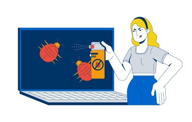 Anti virüs dizüstü bilgisayarı 2D çizim konsepti. Virüslerin zararlı yazılım hata ayıklaması. Siber hijyen. Masaüstü ekranına bilgisayar hatası sıkan bir kadın beyaz üzerine izole edilmiş çizgi film karakteri. Düz soyut vektör benzetmesi