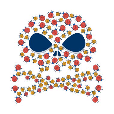 Dijital böceklerden oluşan tehlikeli kafatası çapraz kemikleri 2D çizim konsepti. Böcek istilası hacker 'ı. Kötü amaçlı bilgisayar virüsleri beyaz üzerine izole edilmiş karikatür bileşimi. Düz soyut vektör benzetmesi