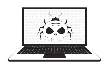 Dizüstü bilgisayardaki virüs bilgisayarı çizimi konsepti. Siber güvenlik tehdidi. Sistem hacklemesi. Dijital tehlike. Virüs siber enfeksiyonu 2D bileşimi izole edildi. Mürekkep doğrusal metafor vektör sanatı