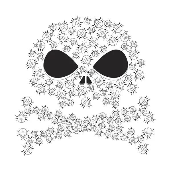 Dijital böceklerden yapılmış tehlikeli kafatası çapraz kemikleri çizim konsepti. Haşere istilası hacker 'ı. Malware bilgisayar virüsleri 2D ana hatları izole edildi. Mürekkep doğrusal metafor vektör sanatı