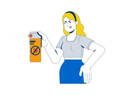 Kararlı sarışın kadın böcek ilacı 2D çizgi film karakteri püskürtüyor. Ev haşeresi kontrolü. Beyaz tenli kadın böcek kovucu beyazı izole etmiş. Benek illüstrasyonu renkli