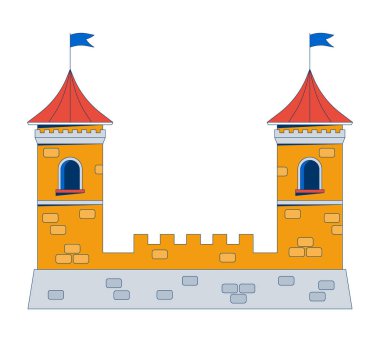 2 boyutlu karikatür nesnesi olan kale kalesi. Fantezi sığınağı. Kaleyi emniyete alın. Ortaçağ tarihi mimarisi beyaz üzerine izole edilmiş element düz vektör klipsi sanatı. Benek illüstrasyonu