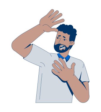 Sakallı, yüzünde 2D çizgi film karakteri olan korkmuş bir siyah adam. Anksiyete, panik reaksiyon. Korkmuş Afro-Amerikan erkek düz vektör. Beyazda izole edilmiş. Benek illüstrasyonu renkli