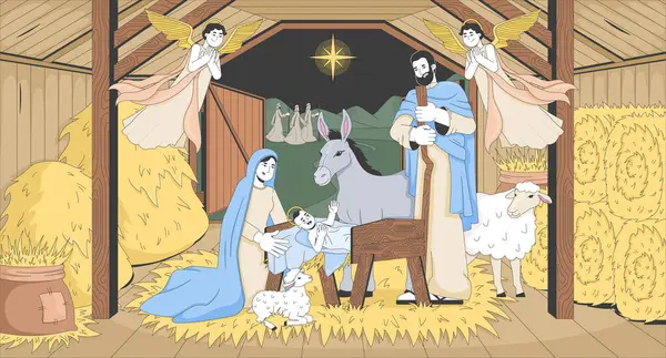 Hz. İsa 'nın doğumu düz çizim. İncil hikayesi. Kutsal bebek ahırda, Mary, Joseph Beytüllahim yıldızının altında, İncil 'in 2D karakterleri çizgi film arka planında. Renkli sahne vektör sanat resmi