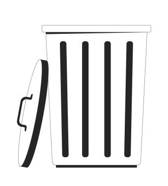 Açık kapaklı 2D çizgi nesnesi olan metal çöp kutusu. Çöp kutusu. Simgeyi sil. Atık öğütücü. Çöp konteynırı. Çöp tenekesi Clipart vektör mürekkep ana hatlarını izole etti. Tek renkli nokta illüstrasyonu