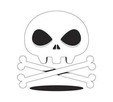 Stilize kafatası ve göz çukurlu çapraz kemikler 2B çizgi nesnesi. Tehlike, siber tehdit, dijital korsanlık. Siber güvenlik kötü amaçlı yazılım izole edilmiş Clipart vektör mürekkep ana hatları ögesi. Tek renkli nokta illüstrasyonu