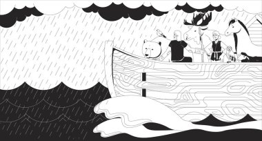 Nuh 'un gemisi fırtınada, hayvanların çizdiği çizgilerle yol alıyor. İncil hikayesi. Eski ahit. Tanrı gazabı. İncil 'deki sel yağmuru 2D mürekkep doğrusal İncil karakterleri tek renkli. Düz çizgili vektör görüntüsü