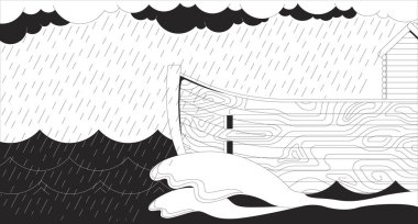 Yağmur fırtınası çizgisi arkaplanında dalgalı dalgalar üzerinde yüzen ahşap sandık. İncil 'deki sel. Fırtına bulutları ve sağanak yağış, 2D mürekkep yelkenli eski bir tekne tek renkli arka plan. Çizgi sanatı vektörü