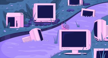 Çimenli akış lofi duvar kağıdındaki terk edilmiş CRT monitörleri. Doğa geri istiyor. Yavaş teknoloji. Modası geçmiş bilgisayarlar bataklık 2D çizgi film düz çizim. Estetik arkaplan için vektör sanatı resmi