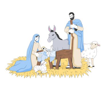 Bebek İsa 'nın doğumu ve 2D çizgi film karakterleri. Ahırda doğan ilahi bebek, Mary, Joseph, eşek, kuzular, bembeyaz insanlar tarafından izole edilmiş yassı vektörler. Benek illüstrasyonu renkli