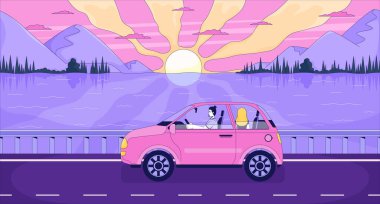 Yol gezisi çifti gün batımı manzaralı otoyol lofi duvar kâğıdı boyunca araba kullanıyor. Akşam araba yolculuğu. Dağ gölü yolu gezisi 2D çizgi film düz çizim. Estetik arkaplan için vektör sanatı resmi