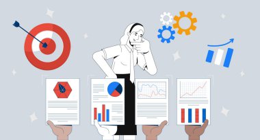 Veri odaklı karar verme ve iş analitiği 2D çizim konsepti. KPI analiz verimliliği. Performans yöneticisi kadın çizgi film kavramsal soyut vektör sanatı. Gri arkaplanda düz metafor