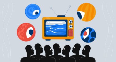 Seyirciler gerçeküstü gezegen gözleriyle televizyon izliyor. 2D illüstrasyon konsepti. Retro TV kozmik izleyicileri. Medya, karikatür kavramsal soyut vektör sanatını etkiler. Gri arkaplanda düz metafor