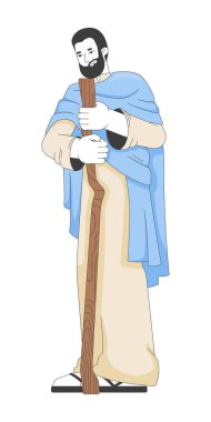 Joseph 'in elinde ahşap 2D çizgi film karakteri var. İncil 'deki gibi bir koruyucu. Ruhani lider Shepherd mütevazı bir adam. Beyaz üzerinde izole edilmiş düz vektör insan. Benek illüstrasyonu renkli