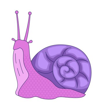 Şirin salyangoz 2D çizgi film karakteri. Anten gözlü spiral gastropod yumuşakçaları. Yumuşakça kabuklu maskot. Beyaz üzerine izole edilmiş tuhaf sümüklü böcek düz vektör fantezi hayvanı. Benek illüstrasyonu renkli