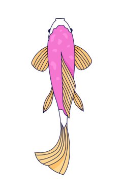 Dekoratif koi balığı üst görünümü 2D çizgi film karakteri. Asya motifi. Suda yaşayan bir hayvan. Süslü Japon balığı. Yukarıdan gelen süslü sazan balığı beyazı izole etmiş. Benek illüstrasyonu renkli