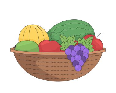 Çeşitli meyvelerle dolu dokuma sepet 2D karikatür nesnesi. Taze hasat. Sağlıklı elmalar, kavun, karpuz, üzüm. Gıda bolluğu izole element düz vektör klipsleri beyaz üzerine. Benek illüstrasyonu