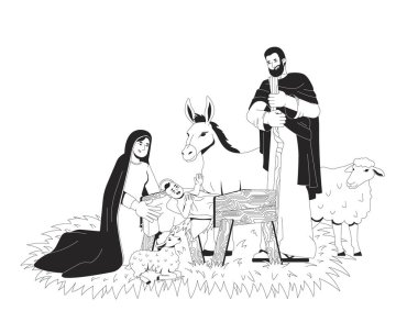 Bebek İsa 'nın doğumu ve aile 2D çizgi İncil karakterleri. Yemlikte ilahi bebek, Mary, Joseph, eşek, kuzular izole edilmiş vektör mürekkebi insanlarla çevrili. Monokromatik nokta çizimi