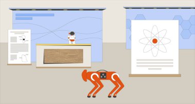 Boş robot bilimi ve teknoloji sergisi düz çizim arka planı. Robotlar fuar salonu. Ticaret fuarı. BTMM paneli, eğitim kabinleri 2D karikatür arkaplanı. Renkli sahne vektör sanat resmi