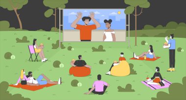 Park Düz Çizim 'de açık hava film gecesi. Açık hava film festivali. İnsanlar piknik battaniyelerinde sinema ekranı seyrediyor. Patlamış mısır ve çizgi film karakterleri de var. Renkli sahne vektör sanat resmi