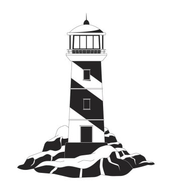 Kayalık sahil 2D çizgi nesnesindeki deniz feneri. Deniz feneri kayalıkları. Plaj güvenliği. Denizci sinyali. Sahil ışığı. Denizcilik simgesi izole edilmiş Clipart vektör mürekkep ana hatları ögesi. Tek renkli nokta illüstrasyonu