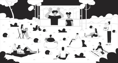 Park Line Illustration 'da açık hava film gecesi. Açık hava film festivali. İnsanlar piknik battaniyelerinde sinema ekranı seyrediyor. Patlamış mısır, 2D mürekkep, tek renkli karakterler. Düz çizgili vektör görüntüsü