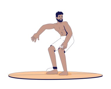 2D çizgi film karakterinde sörf yapan Afrikalı Amerikalı bir adam. Su sporu. Sörf tahtası üzerinde duran kaslı sakallı siyah sörfçü beyaz üzerinde izole edilmiş düz vektör kişi. Benek illüstrasyonu renkli