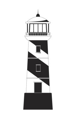 Çizgili deniz feneri ön görünümü 2D çizgi nesnesi. Deniz feneri. Kılavuz ışık. Deniz kulesi. Gözetleme kulesi navigasyonu. Denizci rehberi, klipart vektör mürekkep ana hatlarını izole etti. Tek renkli nokta illüstrasyonu
