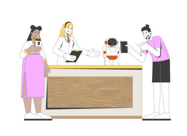 Çeşitli gen z katılımcıları bilim fuarı standı 2D çizgi film karakterlerinde robot fotoğrafları çekiyor. BTMM kadını, beyazda izole edilmiş düz vektör olayında robot bilimi sunuyor. Benek illüstrasyonu renkli