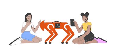 İki farklı genç kadın robot köpek 2D çizgi film karakterleriyle etkileşimde. Siyah kız, beyazı izole edilmiş dört ayaklı robot hayvan vektörünün fotoğrafını çekiyor. Benek illüstrasyonu renkli