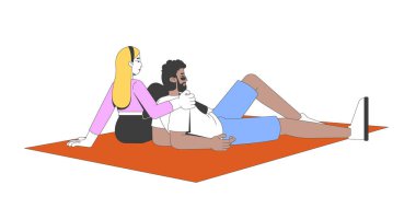 Çeşitli çiftler piknik battaniyesinde rahatlıyor. 2D çizgi film karakterleri. Sarışın kadın, siyahi bir adamı beyazı izole edilmiş düz bir vektör üzerinde sevgiyle kucaklıyor. Benek illüstrasyonu renkli