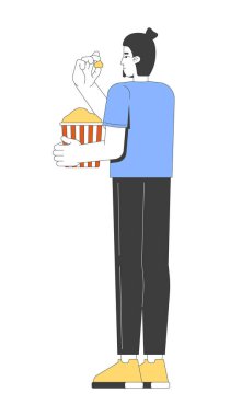 Beyaz topuz adam ayakta duruyor ve patlamış mısır yiyor. 2D çizgi film karakteri. Düz duruş Avrupalı bir erkek, beyaz tenli çizgili kova düz taşıyıcısından atıştırmalık yiyor. Benek illüstrasyonu renkli