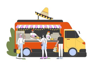 Taco dağıtımı yapan kalabalık Meksika yemek kamyonu 2D çizgi film karakterleri. Farklı müşterilere kültürel yemekler sunan dost canlısı satıcılar beyazı izole edilmiş düz vektör insanlar. Benek illüstrasyonu renkli