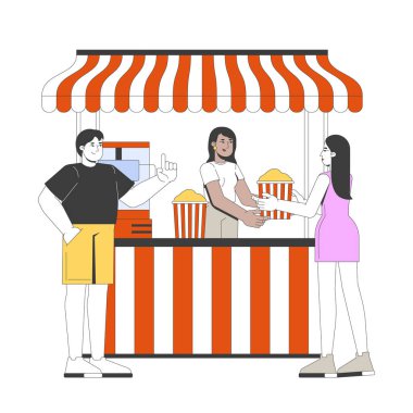 Çizgili tente standında müşterilere servis yapan kadın patlamış mısır satıcısı 2D çizgi film karakterleri. Fast food işçisi, beyazlar üzerinde izole edilmiş sinemanın düz vektörünü veriyor. Benek illüstrasyonu renkli