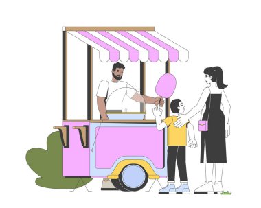 Pamuk helva satıcısı, genç çocuk ve anne 2D çizgi film karakterlerine tatlı atıştırmalık veriyor. Karnavaldaki anne çocuk lunapark eğlencesi besin yassı vektör insanlar beyazda izole. Benek illüstrasyonu renkli