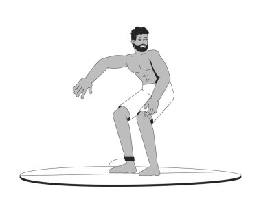 2D çizgi karakterinde sörf yapan Afrikalı Amerikalı bir adam. Su sporu. Sörf tahtasında duran kaslı, sakallı siyah sörfçü, izole edilmiş vektör mürekkebi olan kişi. Monokromatik nokta çizimi