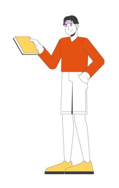 Çinli genç adam rahat poz veren 2D çizgi film karakterini tutuyor. Kitap kurdu okuyucusu. Koreli bir erkek, beyazı izole edilmiş, hobi olarak düz vektör okuyor. Benek illüstrasyonu renkli