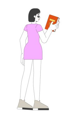 Genç Çinli kadın kitabı tutuyor ve 2D çizgi film karakteri ile yüzleşiyor. Güneş gözlüklü Asyalı kız ve kısa kollu elbise giyen, beyaz üzerinde izole edilmiş yeni düz vektör insan romanı okuyan. Benek illüstrasyonu renkli