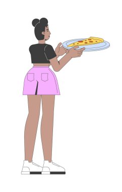Afro-Amerikan kadın 2D çizgi film karakterinde pizza dilimi tutuyor. Günlük kıyafet siyah kız pepperonili aperatif düz vektör servis ediyor. Benek illüstrasyonu renkli