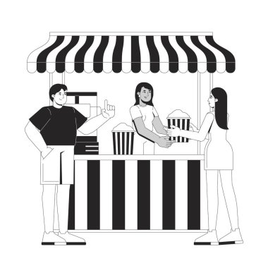 Çizgili tente standında müşterilere servis yapan kadın patlamış mısır satıcısı 2D çizgi karakterler. Fast food işçisi, izole edilmiş vektör mürekkebini insanlara veriyor. Monokromatik nokta çizimi