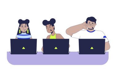 Kod çalışması 2D vektör illüstrasyonu yazılıyor. Kodlama kampı. Bilişim okulu kursu. Hackathon. Dizüstü bilgisayarlar üzerinde çalışan çeşitli öğrenciler beyaz arka planda izole edilmiş düz karakterler. Renkli çizgi film resmi