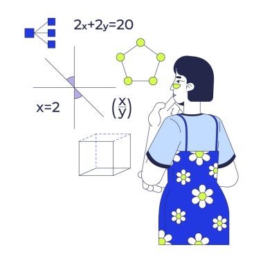 2D illüstrasyon konseptini programlamak için matematik öğreniyorum. BTMM kodlama karikatüründeki denklemler üzerine çalışan Asyalı bir matematik öğrencisi. Beyazda izole edilmiş. Düz soyut vektör benzetmesi