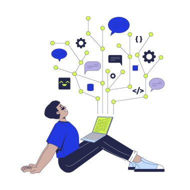 2D illüstrasyon programlamanın keyfi. Bilişim okulu kursu. Kodlama eğitimi. Dev elearning. Dizüstü bilgisayarlı çizgi film karakteri olan müteahhit öğrenci beyaza izole edilmiş. Düz soyut vektör benzetmesi