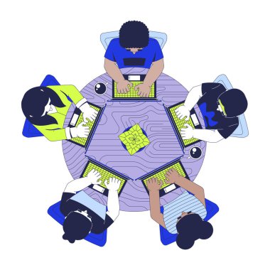 Hackathon programlama grubu üst görünümü 2D vektör illüstrasyonu. Bilişim okulu. Kodlama dersi. Beyaz arka planda izole edilmiş yuvarlak masa etrafında çeşitli dizüstü bilgisayarlar. Renkli çizgi film resmi