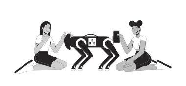 İki farklı genç kadın robot köpek 2D çizgi karakterleriyle etkileşimde. Siyah kız, dört ayaklı robot hayvan izole edilmiş vektör mürekkebi taşıyan insanların fotoğrafını çekiyor. Monokromatik nokta çizimi