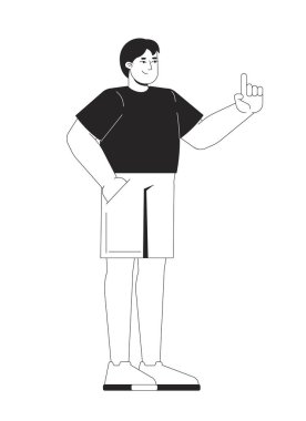 European plus size man in black tshirt pointing up 2D line character. Asian plump guy raising one finger with hand in pocket isolated vector ink outline person. Monochromatic spot illustration