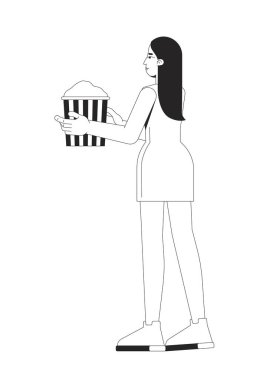 Mini elbiseli uzun saçlı Asyalı kadın patlamış mısır kovası 2D çizgi karakteri taşıyor. Minidress 'deki Avrupalı kadın elinde film aperatifi, izole edilmiş vektör mürekkebi tutuyor. Monokromatik nokta çizimi