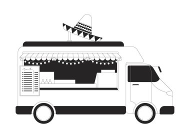 Meksika yemek kamyonu, sombrero ve sicim lambaları 2D nesne. Taco arabası çizgili tente, bayramlık kültürel abur cubur satıcısı Clipart vektör mürekkebi ana hatlarını belirledi. Tek renkli nokta illüstrasyonu